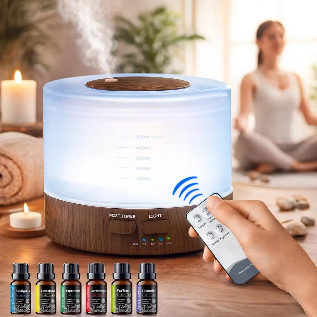 Wood Grain 500ml Essential Oil Diffuser Set with Remote, Cool Mist Humidifier, 7 LED Colors & 6 Essential Oils for Home and Office