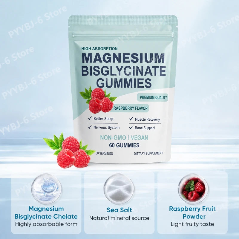 High Absorption Magnesium Bisglycinate Gummies – Vegan Raspberry Flavor, 60 Count, Supports Muscle & Bone Health, Non-GMO, Gluten Free